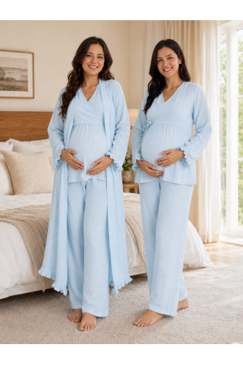 Effortt Mavi Müslin Kumaş Kruvaze Bağlamalı Emzirme Özellikli %100 Pamuk Hamile Lohusa Pijama Takımı Sabahlık 3088 Effortt Mavi Müslin Kumaş Kruvaze Bağlamalı Emzirme Özellikli %100 Pamuk Hamile Lohusa Pijama Takımı Sabahlık 3088